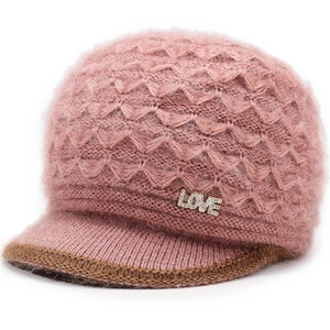 Women's warm winter knitted hat with thick pink plush texture and LOVE diamond ornament