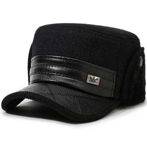 Men's winter flat top hat with warm earflaps and leather brim in black wool