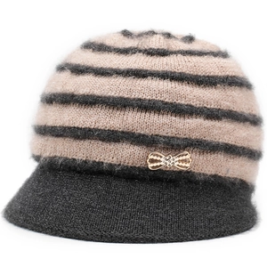 Cappello Donna a Righe in Maglia Invernale Caldo Cappello Cloche Peloso Con Decorazione Fiocco Strass Moda Casual All'aperto