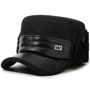 Winter black flat top warm earflap hat for elderly men with faux fur lining and leather trim