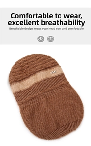 Detail of brown knit hat featuring cable texture and LOVE rhinestone embellishment