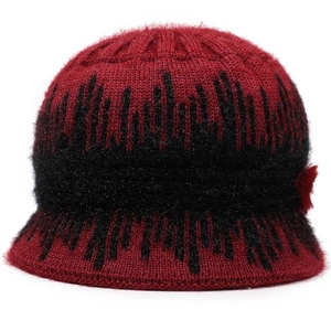 Elegant red and black knit winter bucket hat with plush faux fur trim and sparkling accents