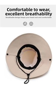 Detail view of beige sun hat featuring breathable mesh lining and adjustable windproof cord