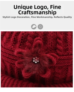 Detail of red cable knit hat featuring a floral 3D appliqué with sparkling rhinestone