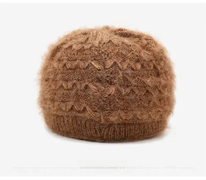Detailed back view of a thick dark brown knit hat showing textured warm plush material