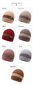 Detailed grid of knitted winter hats for elderly women in seven various soft colors