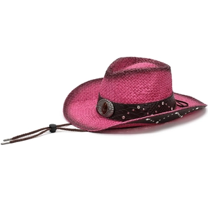 Chapeau de cow-boy en paille rose avec boucle turquoise et mentonnière réglable