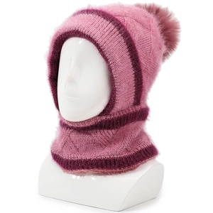 Cagoule tricotée rose et violette avec doublure polaire et pompon pour l'hiver en extérieur