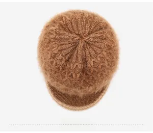 Top view of brown plush knitted hat showing detailed textures and warm double layers