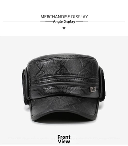 Detail of black faux leather winter flat cap with earflaps and quilted diamond pattern