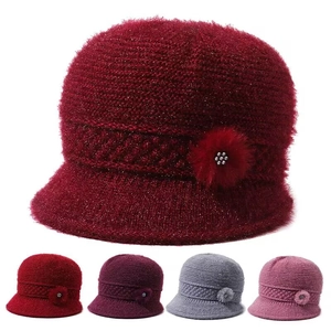 Women Winter Knit Bucket Hat Warm Thick Polyester With Faux Fur Flower Rhinestone Artificial Pearl Metallic Thread Elegant Cloche