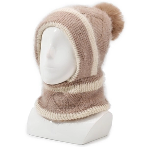Cagoule D'hiver En Tricot Pour Femmes Chapeau Intégré Épais Chaud Coupe-vent Cache-cou Masque Avec Pompon En Fausse Fourrure Pour Le Cyclisme En Extérieur