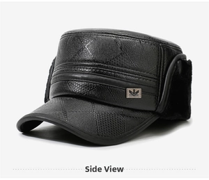 Detail view of winter black leather flat cap with quilted stitching and warm ear flaps