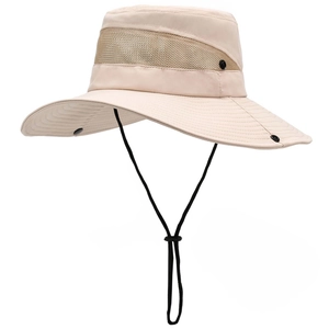 Detail of beige sun hat featuring breathable side mesh and adjustable windproof drawstring