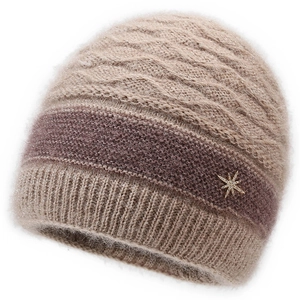 Winter knit hat for older women with beige mohair wool and diamond star brooch