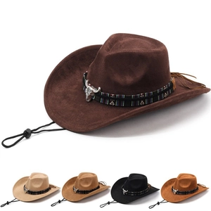 Detail of dark brown cowboy hat with ethnic band, bull head ornament and windproof rope