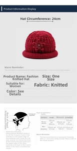 Size chart and dimensions for winter knit hat with floral bead detail for elderly women