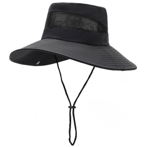 Unisex black sun protection bucket hat with breathable mesh and adjustable chin strap