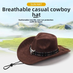 Close-up of brown suede cowboy hat featuring ethnic braided band and silver bull head detail