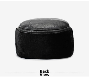 Rear view of winter flat cap with crocodile texture leather and thick black faux fur lining