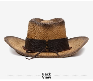 Vue arrière d'un chapeau de cowboy vintage en paille marron avec lanière en cuir