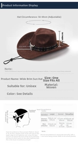 Detailed size chart for western cowboy hat with adjustable 56-60cm head circumference