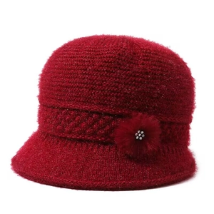 Women's warm knit bucket hat in burgundy with gold silk and rhinestone flower detail