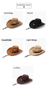Detail view of western cowboy hats with metallic bull head decor and wind ropes in 5 colors
