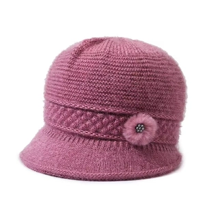 Women winter knit cloche hat in dark pink with floral decor and metallic thread detail