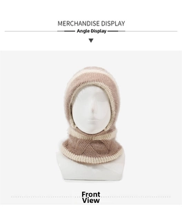 Vue avant de l'écharpe à capuche en tricot rayé avec texture en fibre pelucheuse kaki