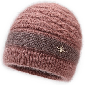 Thick warm purple knit hat for elderly women with fleece lining and star accessory