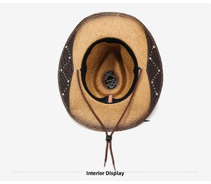 Détail d'un chapeau de paille de style western avec bord en strass et mentonnière réglable