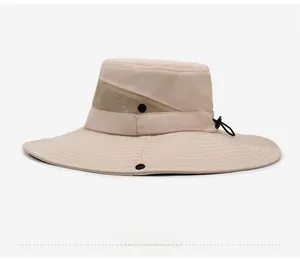 Detail view of beige sun hat with breathable side mesh and adjustable chin strap