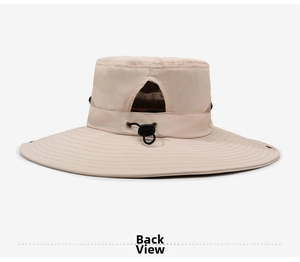 Detailed back view of beige sun hat featuring a ponytail hole and adjustable cord
