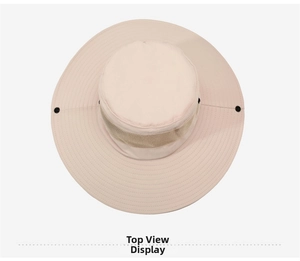Detail view of wide brim sun hat featuring breathable side mesh and adjustable side snaps