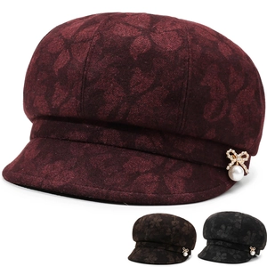 Women Vintage Newsboy Cap Floral Jacquard Beret Hat With Rhinestone Bow Artificial Pearl Elegant Warm Bucket Hat For Autumn Winter