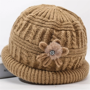 Winter knit wool hat for elderly women with floral ornament and fleece lining warm earmuffs