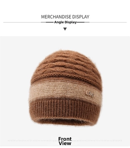 Detailed view of winter knit hat with fleece texture, tricolor stitching and crystal LOVE logo