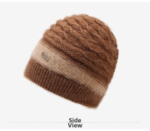Detailed macro view of the double-layer thick knit winter hat with LOVE metallic accent