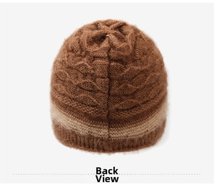 Detailed back view of a double-layered thick knitted beanie with textured stitch patterns