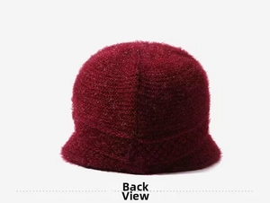 Rear view of wine red fluffy mink fleece knitted winter hat for elderly women