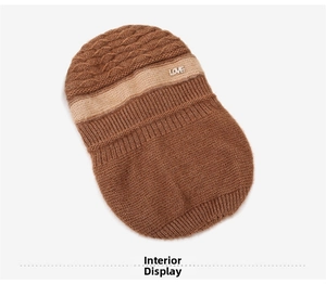 Detail view of thickened double-layer knit lining and LOVE metal decor on winter hat