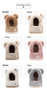 Detail view of plush bear ear balaclava scarves in khaki beige pink white and gray