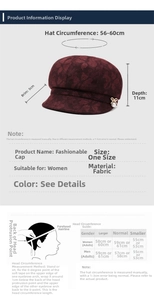 Size chart for autumn beret featuring cap circumference, depth and brim dimensions