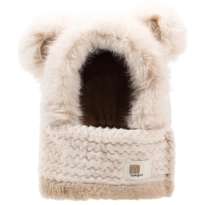Cute teddy bear ear plush winter hooded scarf and warm hat in creamy beige and khaki