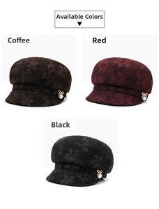 Detailed comparison of floral jacquard newsboy caps with pearl bow accents in three colors