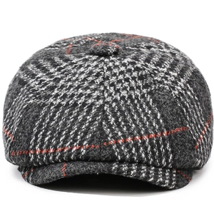 Classic grey checkered newsboy cap with top button and vintage British style for men