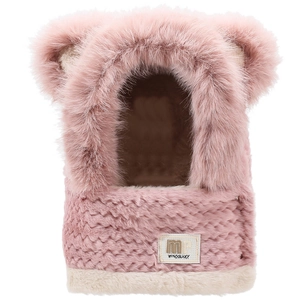 Pink plush bear ear hooded scarf hat with thermal fleece lining for winter warmth