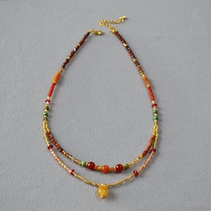 Retro Maillard style double-layer beaded necklace with agate and jade stones