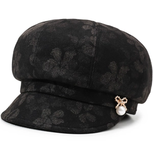 Black beret newsboy hat with dark floral pattern and pearl bow ornament for autumn